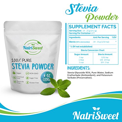 Natrisweet 100% puro de Stevia en polvo 4 Oz suplente (113G) con cero calorías Endulzante Natural azúcar sin carbohidratos ni edulcorantes artificiales sin rellenos o aglutinantes vegano