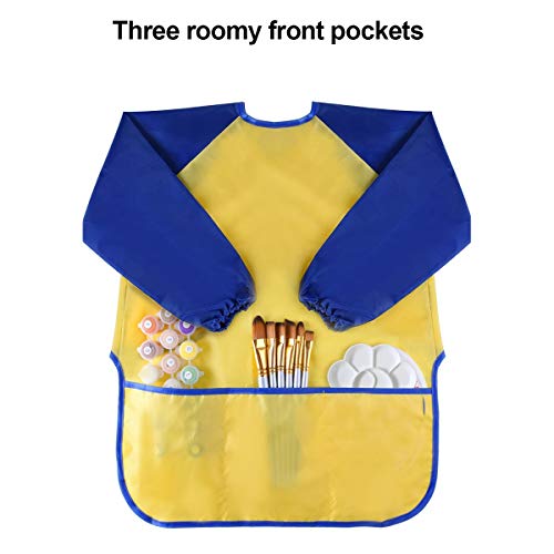 Natuce 2pcs Delantal Infantil Pintura Impermeable Delantales de Niño, Blusón Delantal Babero de Mangas Larga y 3 Bolsillos para Artes y Manualidades, Pintura, Cocina 3-7Años (Amarillo + Azul)