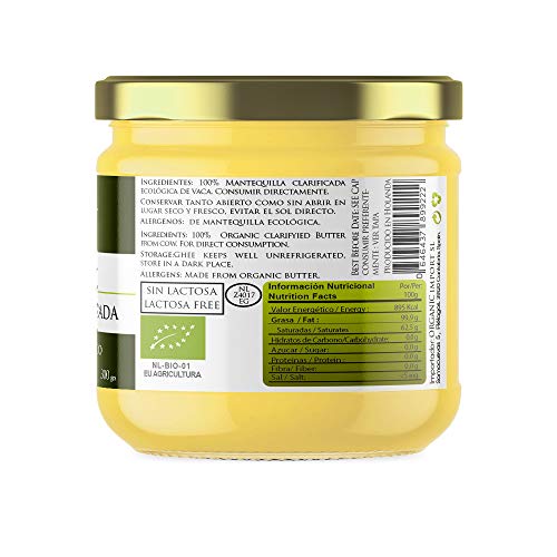 Naturseed Ghee Organico - Mantequilla Clarificada Bio Pura Ayurveda - 300gr - Sin Lactosa - Vacas alimentadas sólo de pastos ecologicos - Sabor Dulce - 250º- Recetas Gratis (300GR)