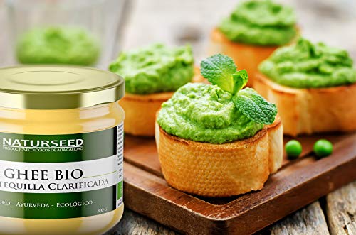 Naturseed Ghee Organico - Mantequilla Clarificada Bio Pura Ayurveda - 300gr - Sin Lactosa - Vacas alimentadas sólo de pastos ecologicos - Sabor Dulce - 250º- Recetas Gratis (300GR)