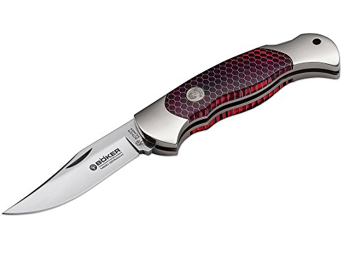 Navaja clásica Alemana BÖKER Scout Lightweight con Hoja de Acero N690 de 8 cm y Honeycomb Rojo Panel de Abeja 10,5 cm 112502 para Caza, Pesca, Supervivencia y Bushcraft + Portabotellas de Regalo