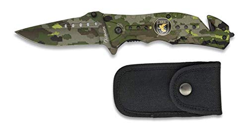 Navaja con insignia GEO Grupo Operaciones Especiales FOS Apertura Asistida Rápida Camo Verde Hoja 8,6 cm para Caza , Camping, Outdoor, Supervivencia y Bushcraft 18401AGR1073 + Portabotellas de regalo