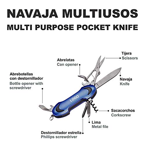 Navaja Multiusos de Bolsillo 8-en-1 PERSONALIZADA (con Nombre o Texto) • Cuchillo Multiusos/Herramienta Multiuso AZUL Ideal como Excelente Regalo • Multiherramienta con embalaje Individual