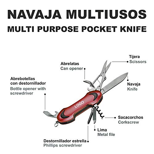 Navaja Multiusos de Bolsillo 8-en-1 PERSONALIZADA (con Nombre o Texto) • Cuchillo Multiusos/Herramienta Multiuso ROJA Ideal como Excelente Regalo • Multiherramienta con embalaje Individual