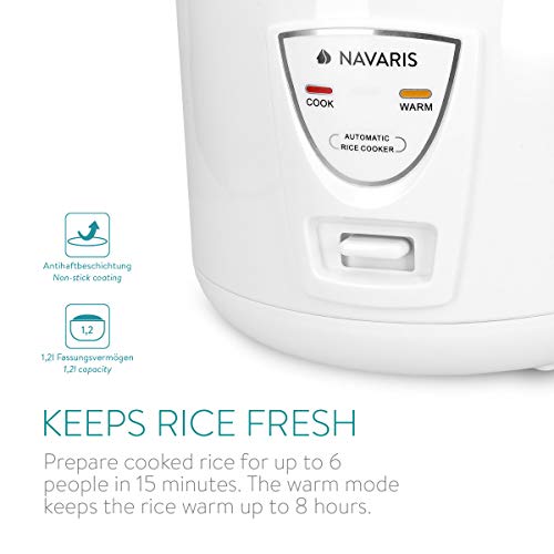 Navaris Arrocera de 1.2 litros con función para Mantener Calor - Hervidor arroz 6 Personas - con Cuchara Vaso medidor y Cesta para Vapor - Blanca