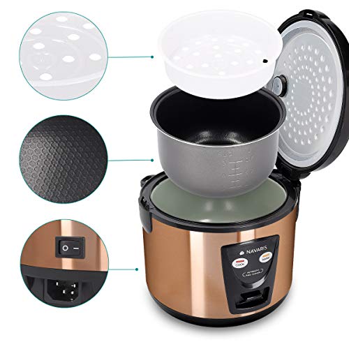 Navaris Arrocera de 1.2 litros con función para Mantener Calor - Hervidor arroz 6 Personas - con Cuchara Vaso medidor y Cesta para Vapor - Color Cobre