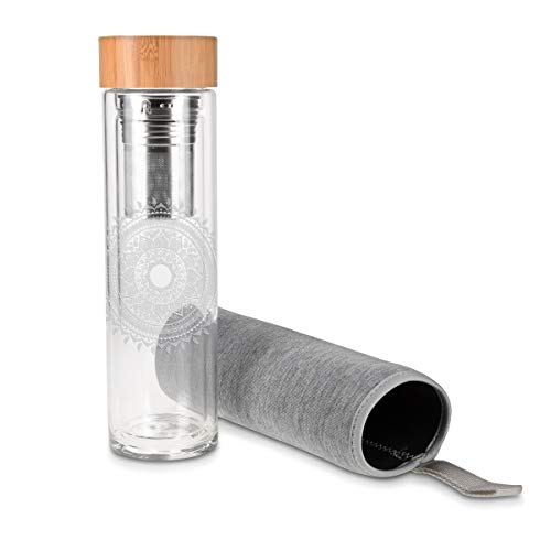 Navaris Botella de Agua de Cristal - Termo para té de 500 ML de Vidrio de borosilicato - Tetera con Filtro para té de Acero Tapa y Funda de Neopreno