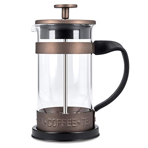 Navaris Cafetera Francesa de Acero Inoxidable de 350ML - Cafetera de émbolo para 3 Tazas, con Jarra de Vidrio y Filtro- Cafetera y Tetera marrón