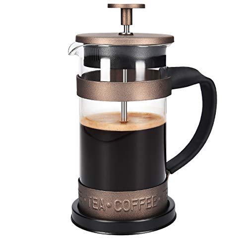 Navaris Cafetera Francesa de Acero Inoxidable de 350ML - Cafetera de émbolo para 3 Tazas, con Jarra de Vidrio y Filtro- Cafetera y Tetera marrón