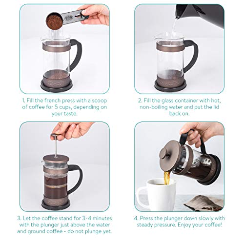 Navaris Cafetera Francesa de Acero Inoxidable de 350ML - Cafetera de émbolo para 3 Tazas, con Jarra de Vidrio y Filtro- Cafetera y Tetera marrón