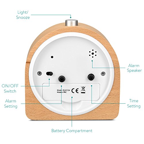 Navaris Despertador analógico - Despertador Madera con luz y Sonido - Reloj Retro con función repetición de Madera Natural Color marrón Claro