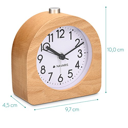 Navaris Despertador analógico - Despertador Madera con luz y Sonido - Reloj Retro con función repetición de Madera Natural Color marrón Claro