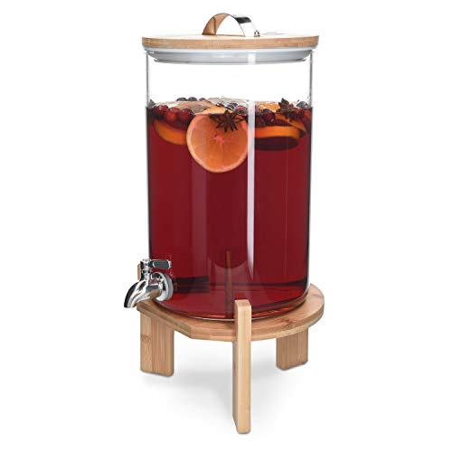 Navaris Dispensador de bebidas de cristal - Botella con grifo soporte y tapa de madera para bebida caliente o fría - Garrafa de agua de 7 L - Sin BPA