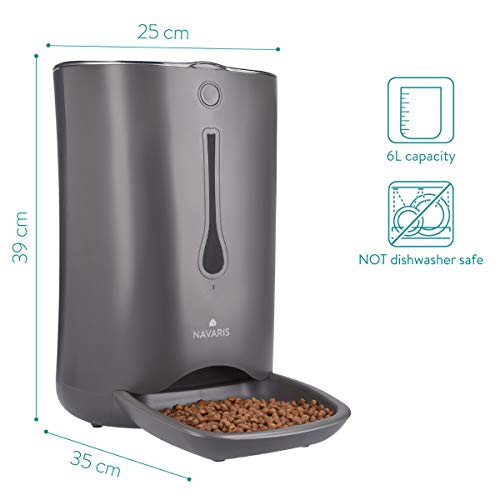 Navaris Dispensador de Comida automático con Temporizador - Comedero automático de 6L para 4 porciones de Comida diarias - para Perros y Gatos