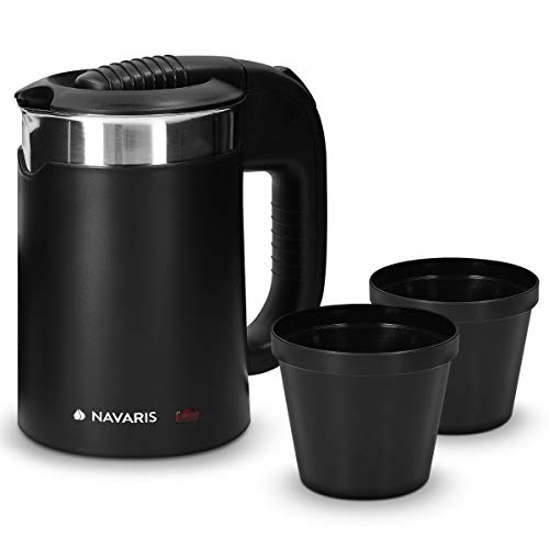 Navaris Hervidor de Agua de Viaje 0.5L - Mini Tetera para hervir Agua con 2 Tazas - Mini Calentador eléctrico y portátil para Camping o Viaje 1100W