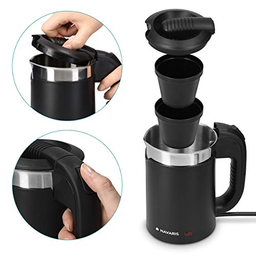 Navaris Hervidor de Agua de Viaje 0.5L - Mini Tetera para hervir Agua con 2 Tazas - Mini Calentador eléctrico y portátil para Camping o Viaje 1100W