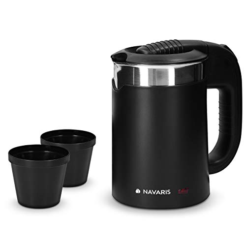 Navaris Hervidor de Agua de Viaje 0.5L - Mini Tetera para hervir Agua con 2 Tazas - Mini Calentador eléctrico y portátil para Camping o Viaje 1100W