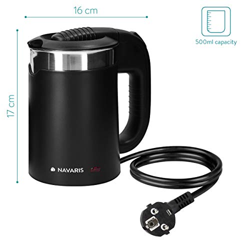 Navaris Hervidor de Agua de Viaje 0.5L - Mini Tetera para hervir Agua con 2 Tazas - Mini Calentador eléctrico y portátil para Camping o Viaje 1100W