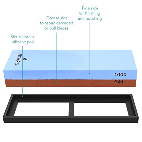 Navaris piedra para afilar cuchillos con doble cara - Piedra afiladora de cuchillo 2en1 con grano 400/1000 - Con soporte de silicona antideslizante