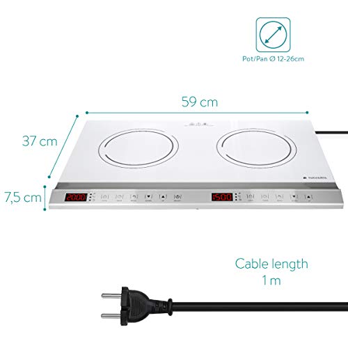 Navaris Placa de inducción portátil - Vitrocerámica de 2 Fuegos con 10 Niveles - Vitro con Control táctil Bloqueo de Seguridad Temporizador - Blanco