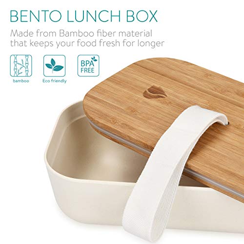 Navaris Recipiente hermético de Comida - Fiambrera Estilo bento con Tapa de bambú - Contenedor ecológico para Colegio o Trabajo en Blanco 700ML