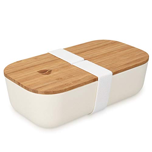 Navaris Recipiente hermético de Comida - Fiambrera Estilo bento con Tapa de bambú - Contenedor ecológico para Colegio o Trabajo en Blanco 700ML