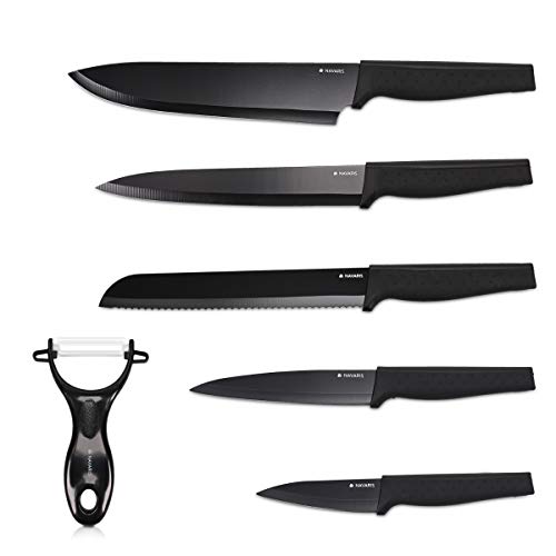 Navaris Set de 6x cuchillos mondador incluido - 5x cuchillos de acero inoxidable y 1x cuchillo pelador de verduras de cerámica