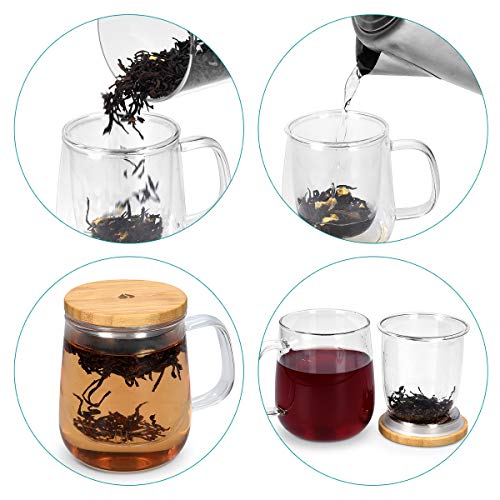 Navaris Taza para té de Vidrio de borosilicato con Filtro y Tapa - Taza para infusión con Filtro de Cristal y Tapa de bambú - 500ML