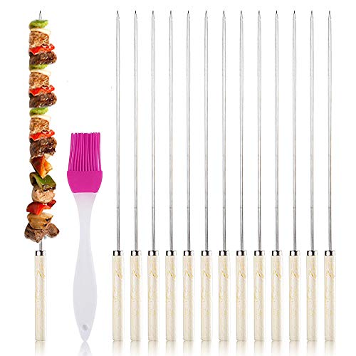 N/D Yemiany Aguja de Barbacoa con Mango de Madera,Aguja de Mango de Madera para Barbacoa,30 Piezas Pinchos Kebab Aguja de Metal Reutilizable con Mango de Madera con Cepillo de Barbacoa para Barbacoa