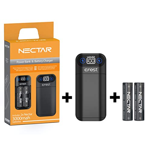 Nectar Cargador 18650 + Power Bank | Doble Uso: Cargador 18650 + Banco de Energía - con 2X 3000mah Bateria 18650 Recargable de Alto Drenaje (Incluye 2X Baterías 18650)