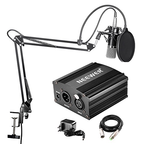 Neewer NW-700 Micrófono de Condensador & Soporte de Brazo de Tijera Brazo Boom con Cable XLR y Abrazadera de Montaje & NW-3 Filtro Pop & 48V Fuente de Alimentación Phantom con Adaptador