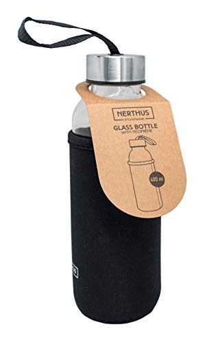 Nerthus FIH 647 Botella Cristal Negro 400 ml, Funda de Neopreno, Vidrio