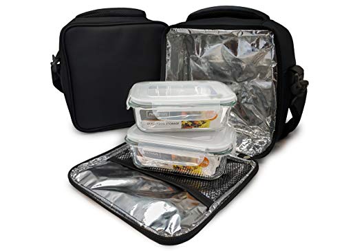 NERTHUS Lunch Bag Fiambrera bolsa termica porta alimentos, negra + 2 tupper, Tela Resistente, Con 2 Herméticos Cristal, Con 2 Tuppers Cristal