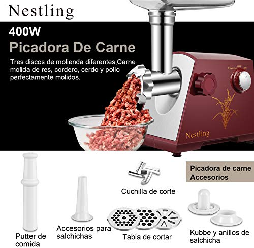 Nestling® Multifunción Doméstica y ComercialPicadora de 400 W Carne Eléctrica y Embutidora de Salchichas, con Accesorio de Kibbe Placas de Molienda,Motor de Cobre, Acero Inoxidable - Rojo