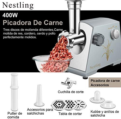 Nestling® Multifunción Doméstica y ComercialPicadora de Carne Eléctrica y Embutidora de Salchichas, con Accesorio de Kibbe Placas de Molienda,Motor de Cobre, Acero Inoxidable