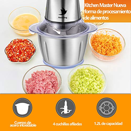 Nestling® Picadora eléctrica de 500W, con 4 cuchillas afiladas y tazón de acero inoxidable de 1.2L, picadora de cocina para carne, verduras,cebolla y frutas