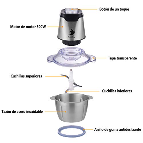 Nestling® Picadora eléctrica de 500W, con 4 cuchillas afiladas y tazón de acero inoxidable de 1.2L, picadora de cocina para carne, verduras,cebolla y frutas