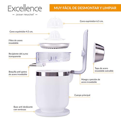 NEW CHEF - Exprimidor Eléctrico Zumo de Palanca Juicer Excellence Blanco (300W), 2 Tamaños Cono, con Función Antigoteo y ON/OFF Automático. Exprimidor Semiprofesional Desmontable y Fácil de Limpiar