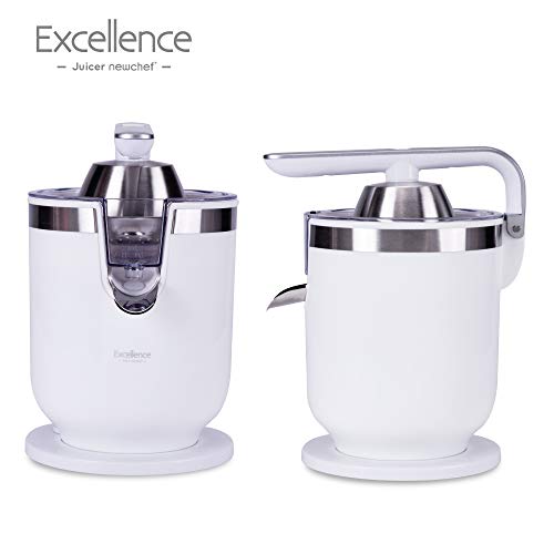 NEW CHEF - Exprimidor Eléctrico Zumo de Palanca Juicer Excellence Blanco (300W), 2 Tamaños Cono, con Función Antigoteo y ON/OFF Automático. Exprimidor Semiprofesional Desmontable y Fácil de Limpiar