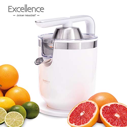 NEW CHEF - Exprimidor Eléctrico Zumo de Palanca Juicer Excellence Blanco (300W), 2 Tamaños Cono, con Función Antigoteo y ON/OFF Automático. Exprimidor Semiprofesional Desmontable y Fácil de Limpiar