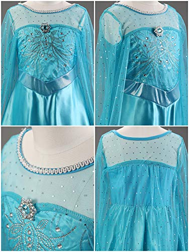 New front Niñas Vestido de Princesa Elsa Elegante Disfraz de Reina Frozen Festivo y Accesorios Corona,Vara,Trenza,Guantes Chica Cosplay Traje de Fiesta Carnaval Navidad Boda(2-10 Años,Azul,110-150cm)