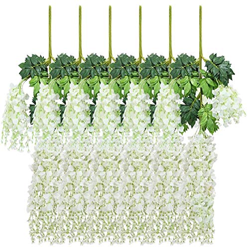 New rui cheng Plantas Artificiales Colgantes, Hojas Artificiales Flor de Glicina Blanca Paquete de 12 Plantas Colgantes de Vid Falsa Guirnalda Hojas Verdes Planta de Plástico Falso Decoración de Pared