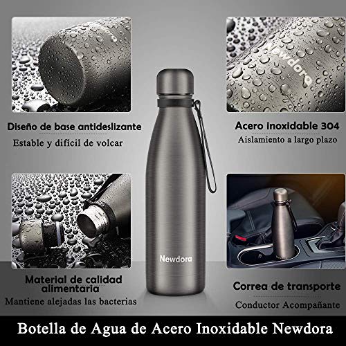 Newdora Botella de Agua Acero Inoxidable 500ml, Aislamiento de Vacío de Doble Pared, Botellas de Frío/Caliente, con 1 un Cepillo de Limpieza, para Niños, Deporte, Oficina, Gimnasio, Ciclismo