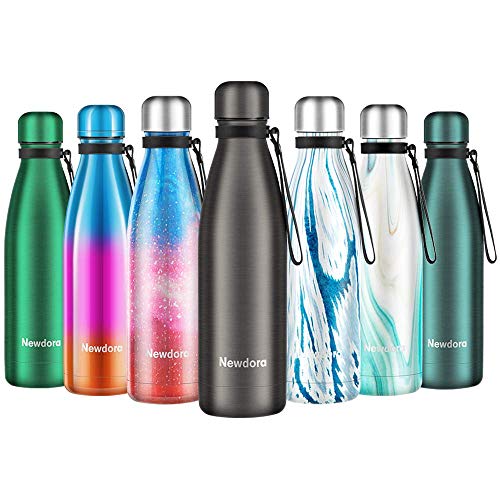 Newdora Botella de Agua Acero Inoxidable 500ml, Aislamiento de Vacío de Doble Pared, Botellas de Frío/Caliente, con 1 un Cepillo de Limpieza, para Niños, Deporte, Oficina, Gimnasio, Ciclismo