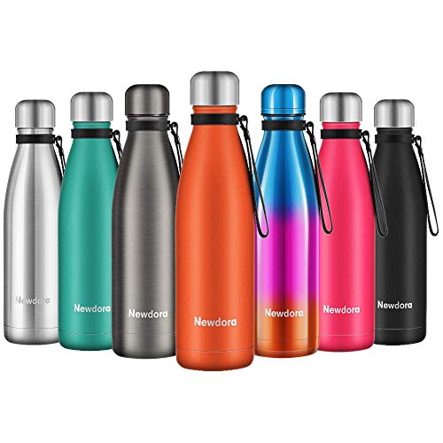 Newdora Botella de Agua Acero Inoxidable 500ml, Aislamiento de Vacío de Doble Pared, Botellas de Frío/Caliente, con 1 un Cepillo de Limpieza, para Niños, Deporte, Oficina, Gimnasio, Naranja