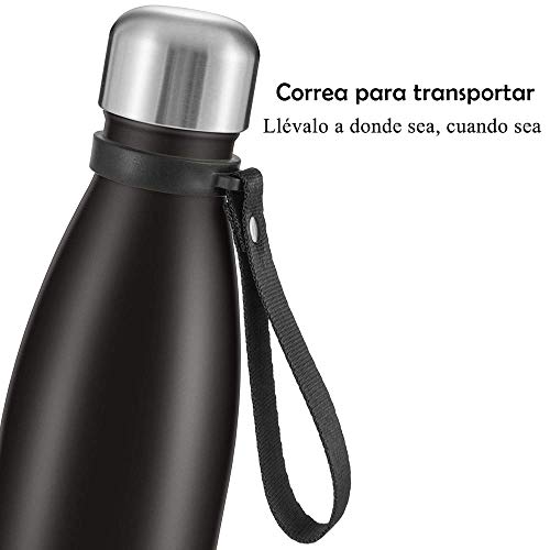 Newdora Botella de Agua Acero Inoxidable 500ml, Aislamiento de Vacío de Doble Pared, Botellas de Frío/Caliente, con 1 un Cepillo de Limpieza, para Niños, Deporte, Oficina, Gimnasio, Ciclismo, Negro