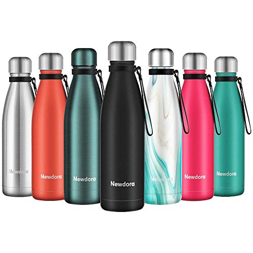 Newdora Botella de Agua Acero Inoxidable 500ml, Aislamiento de Vacío de Doble Pared, Botellas de Frío/Caliente, con 1 un Cepillo de Limpieza, para Niños, Deporte, Oficina, Gimnasio, Ciclismo, Negro