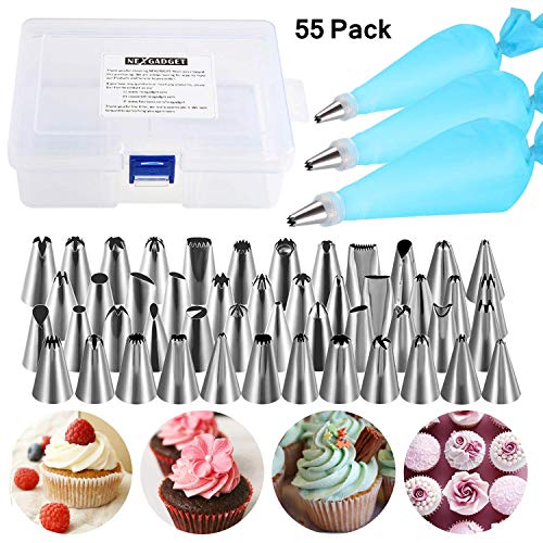 NEXGADGET 55PCS Boquillas para Manga Pastelera Incluyendo Boquillas de Acero Inoxidable, Bolsas de Pastelería, Acopladores, Pasteles para Hornear Juego de Decoración para Cupcakes