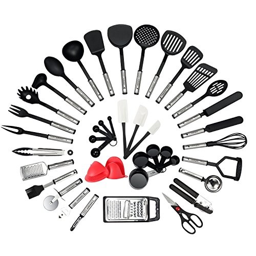 NEXGADGET Utensilios de Cocina de Acero Inoxidable y Nylon 42 piezas Set de Cuchara, Espátula, Tenedor, Pinzas, Cucharón, Abrebotellas, Peladora de Papas, Tijeras de Cocina, Cucharas Medidoras, etc.