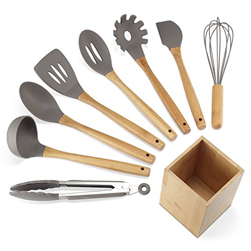 NEXGADGET Utensilios de Cocina de Silicona, Cuchara Rascador con Mango de Madera, Batidor, Pinza para Alimentos, sin Tóxico Antiadherente Resistente al Calor, con Soporte de Bambú - 9PCS